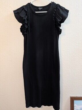 Express Black Ruffle Sleeve Ribbed Bodycon Tank Top Midi Dress, Size L